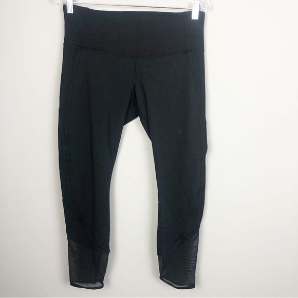 LULULEMON | Solid Black Mesh Detail Crop Leggings Back Zipper Women’s Size 10 - Picture 1 of 11